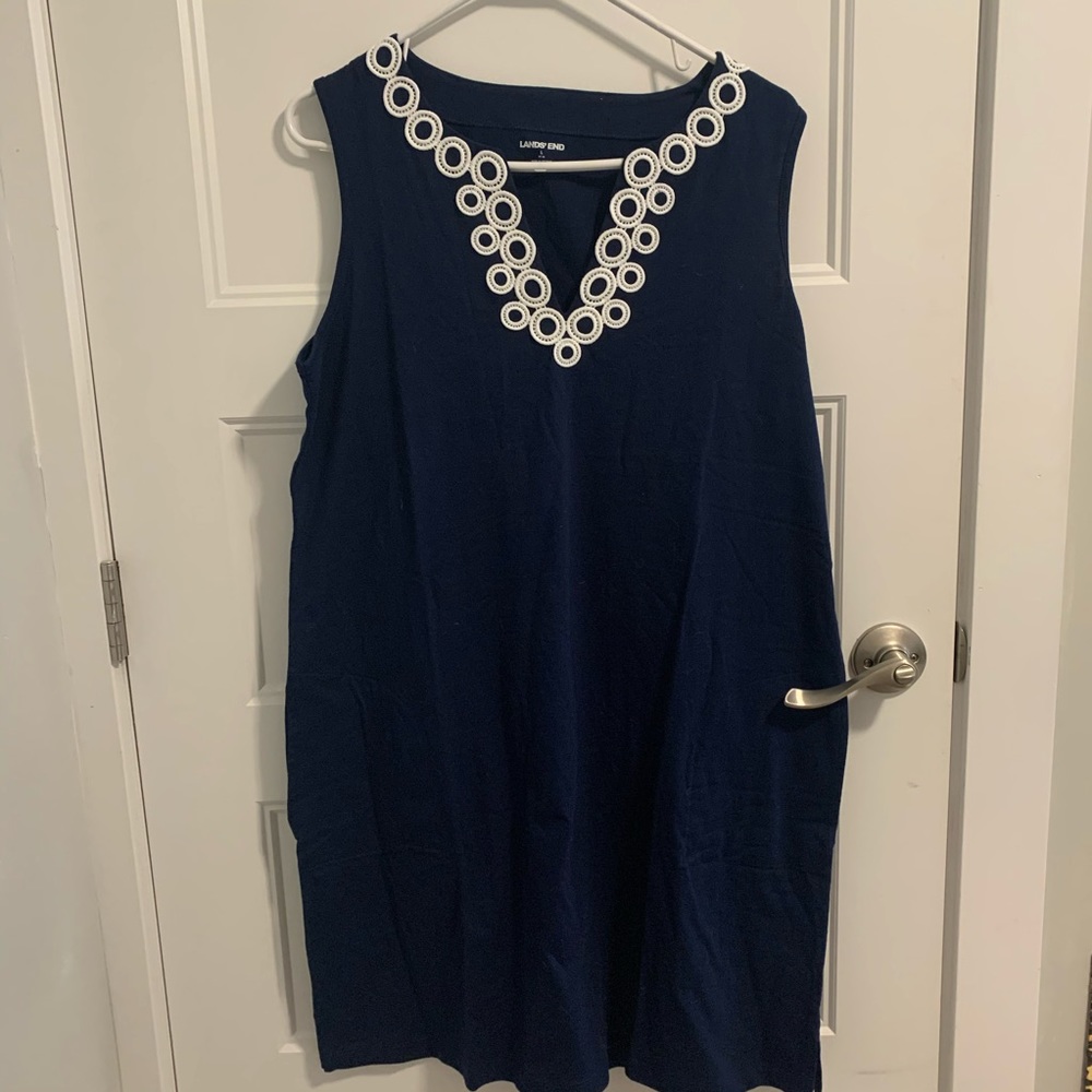 L-Lands End navy blue V neck dress